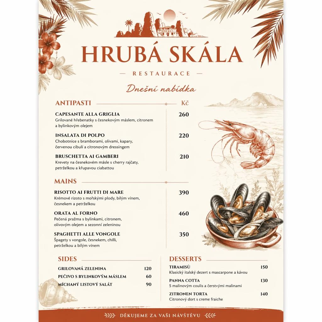 Menu karta A4 na výšku pro hrubá skála restaurace, tropický styl, krémová a rezavá paleta, sekce jídel a ceny.