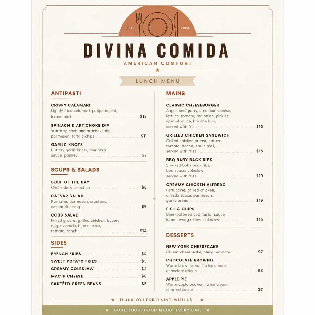 Tarjeta de menú lunch en formato A4 vertical, estilo suizo minimalista, paleta tierra cálida y columna de precios.