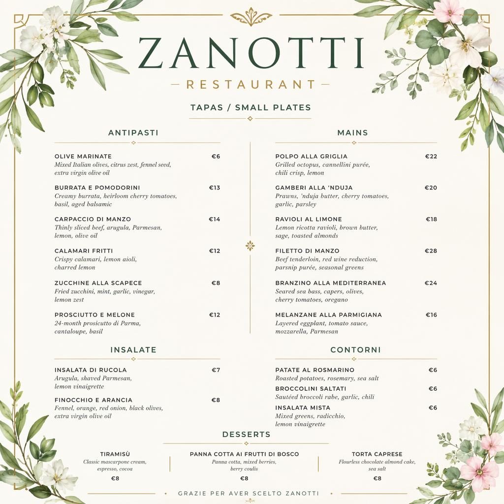 A4 portrait dinner menu card for Zanotti Restaurant with elegant header, section titles, placeholder dishes, and price column.