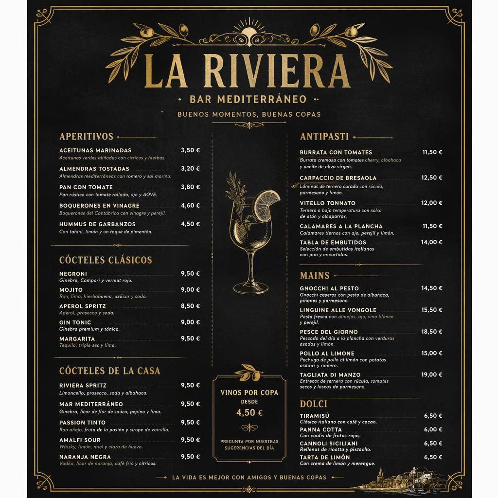 Tarjeta de menú A4 vertical para cartas de bares, estilo pizarra negra con detalles dorados, cócteles y precios.