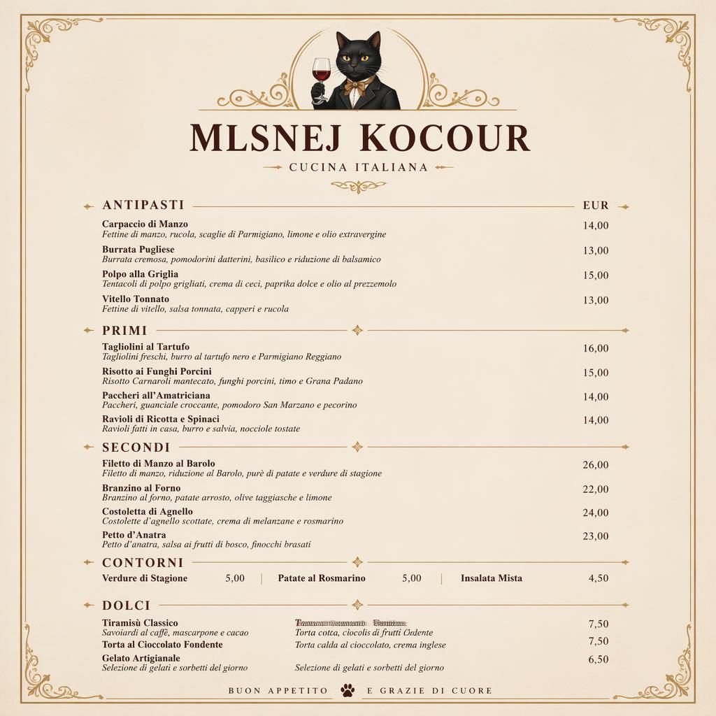 A4 menu karta pro mlsnej kocour menu, italská fine dining sazba, teplá zemitá paleta, sekce jídel a sloupec s cenami