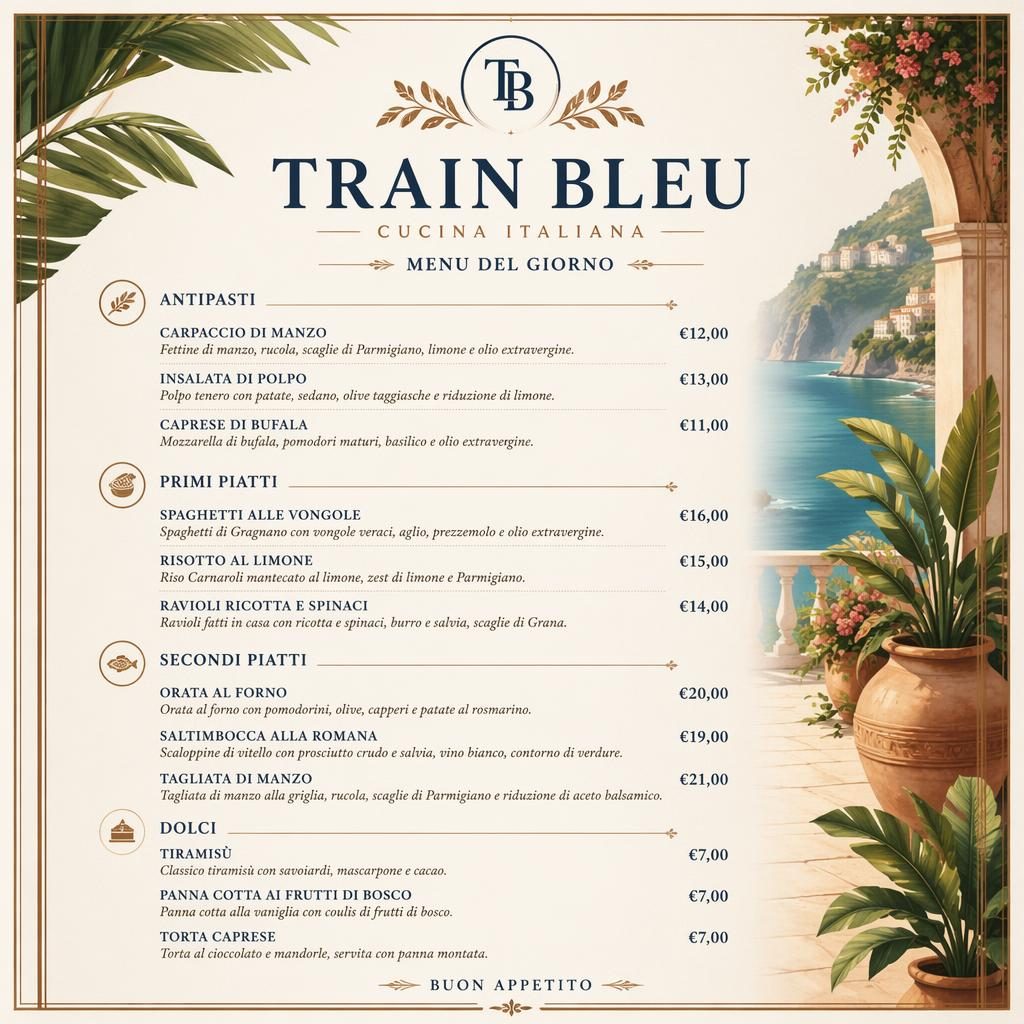 Carte de menu italienne A4 portrait, style resort tropical aux tons terre chauds, avec rubriques, plats et colonne de prix.