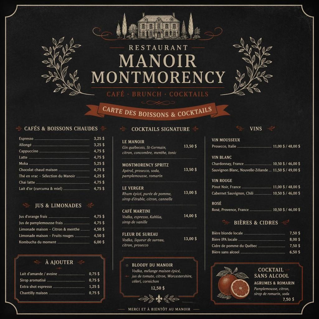 Carte de boissons A4 en portrait pour restaurant manoir montmorency, style ardoise crème et rouille avec en-tête décoratif.