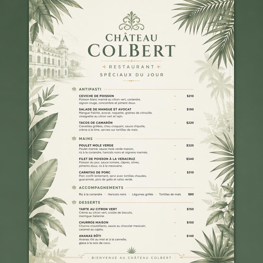 Carte de menu A4 en portrait pour château colbert restaurant, style resort tropical vert sauge et ivoire, avec sections et prix.