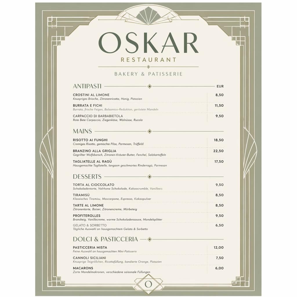 A4-Dessertkarte für oskar restaurant in Salbei und Elfenbein, Art-Déco-Layout mit Zierkopf, Platzhaltertext und Preisen.