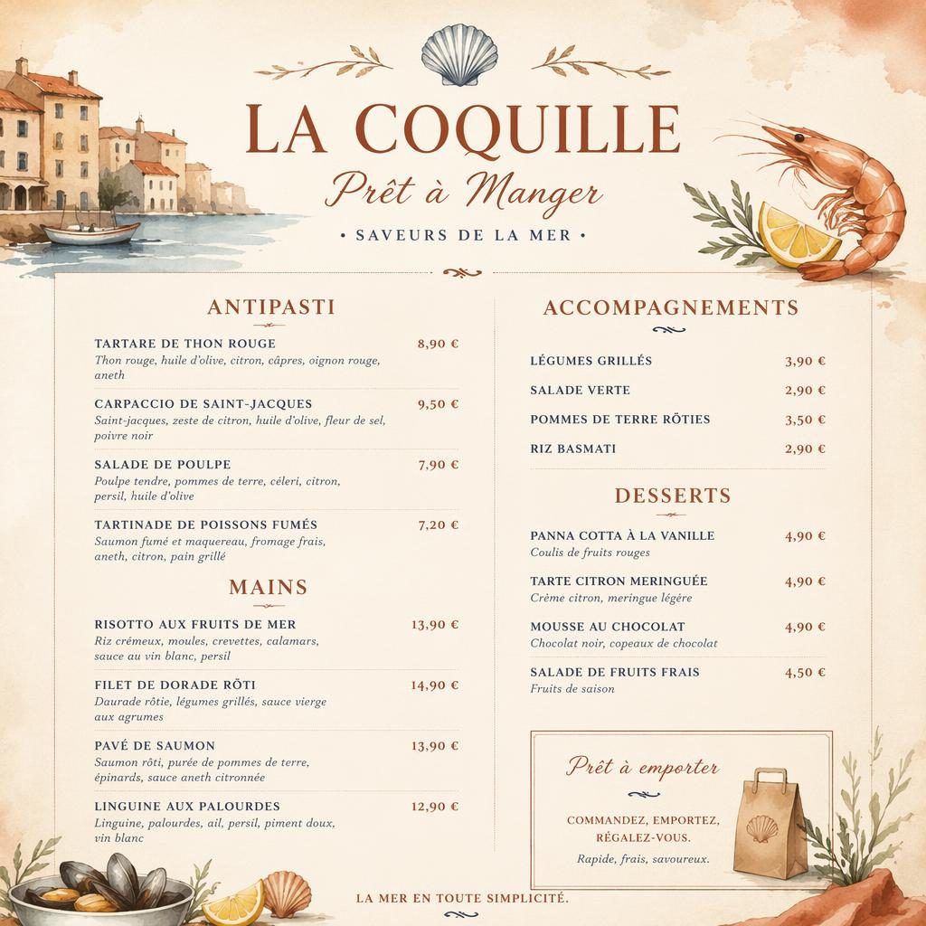 Carte de menu A4 en portrait, style aquarelle crème et rouille, liste des vins fruits de mer avec en-tête décoratif.