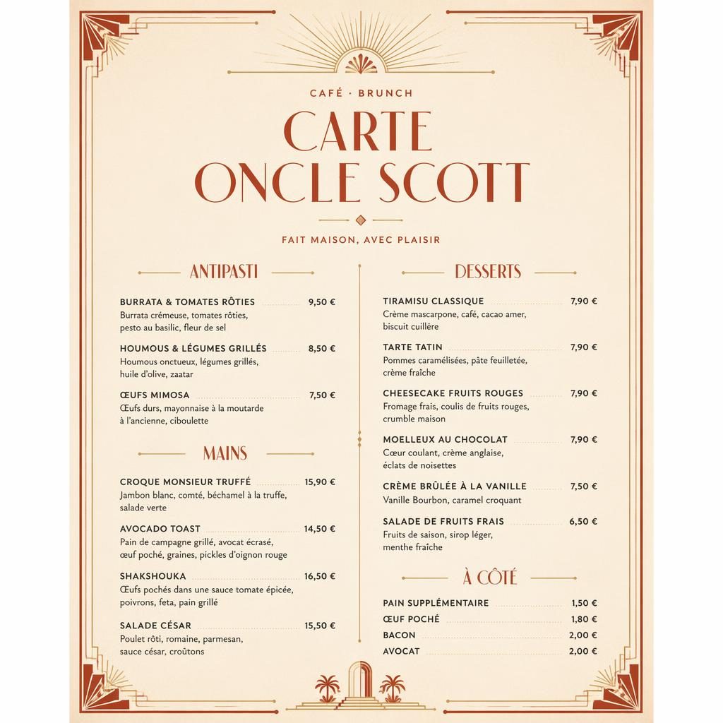 Carte de desserts A4 style art déco, palette crème chaude et rouille, en-tête décoratif, typographie sobre et colonne de prix.