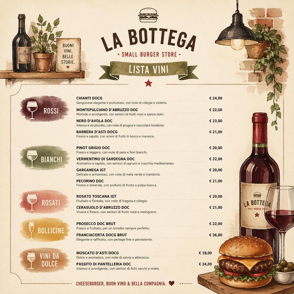 A4 portrait Italian wine list menu card with watercolor styling, warm earth tones, decorative header, sections, and price column.