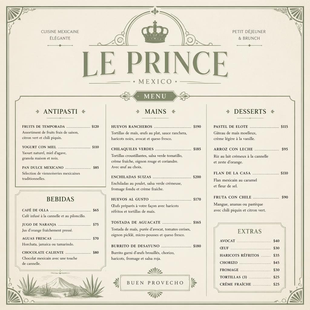 Carte de menu A4 portrait pour le prince menu, style vintage années 1920, palette sauge et ivoire, en-tête décoratif.