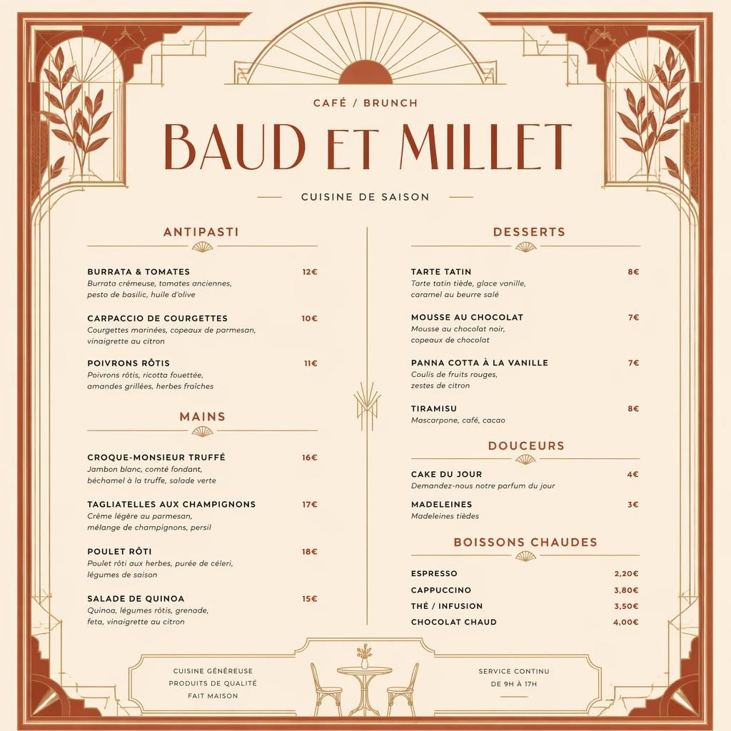 Carte de desserts A4 en style art déco, palette crème chaude et rouille, en-tête décoratif, typographie factice et colonne de prix.
