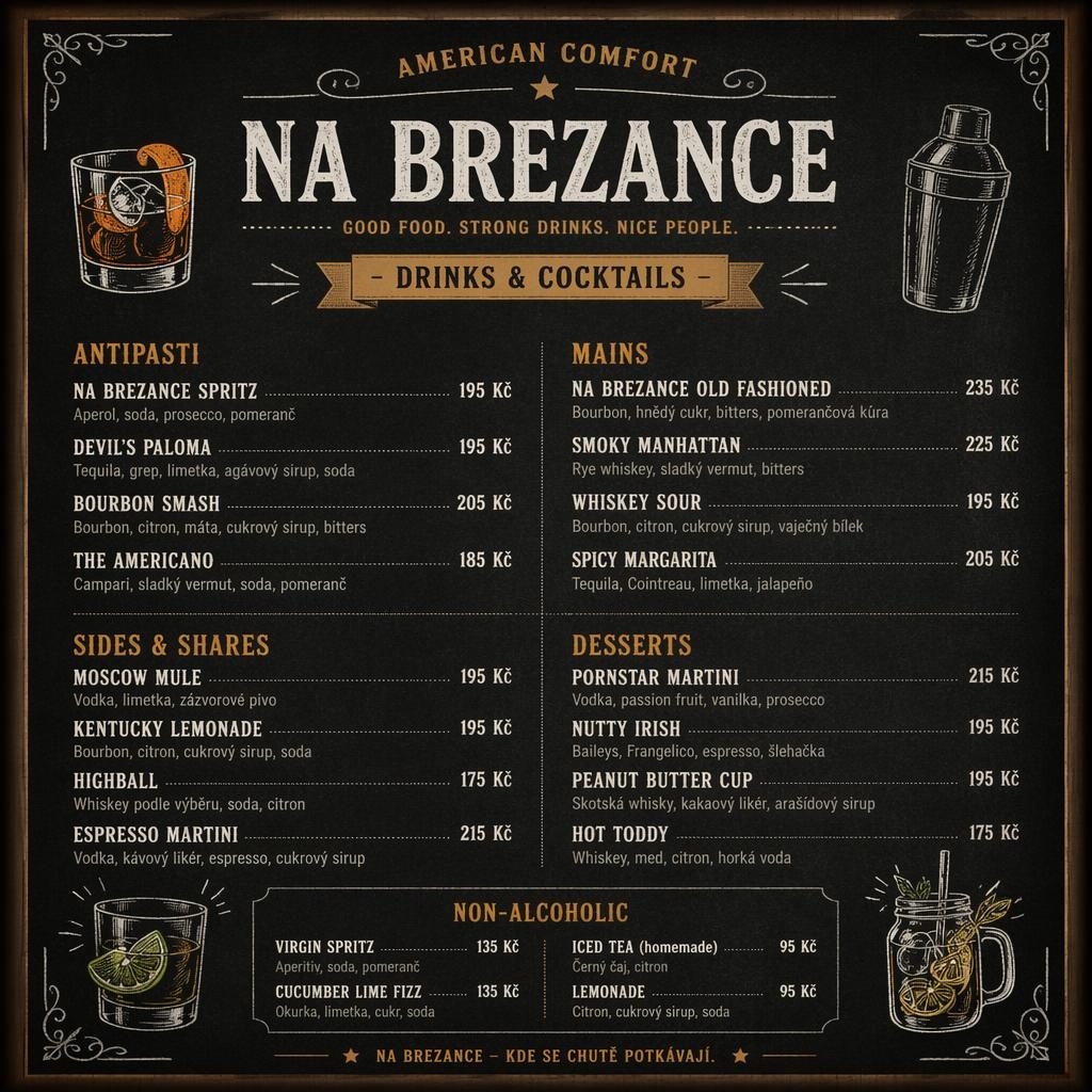 A4 menu karta na brezance v portrétu, koktejlový lístek na černé tabuli s dekorativní hlavičkou a cenami.