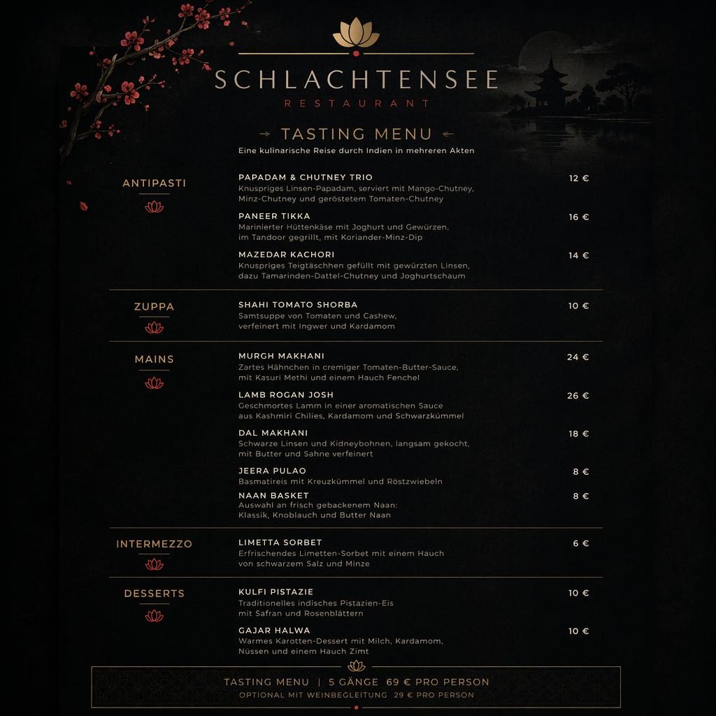A4-Menükarte für schlachtensee restaurant, indisches Tasting-Menü im dunklen Kaiseki-Stil mit Preisen