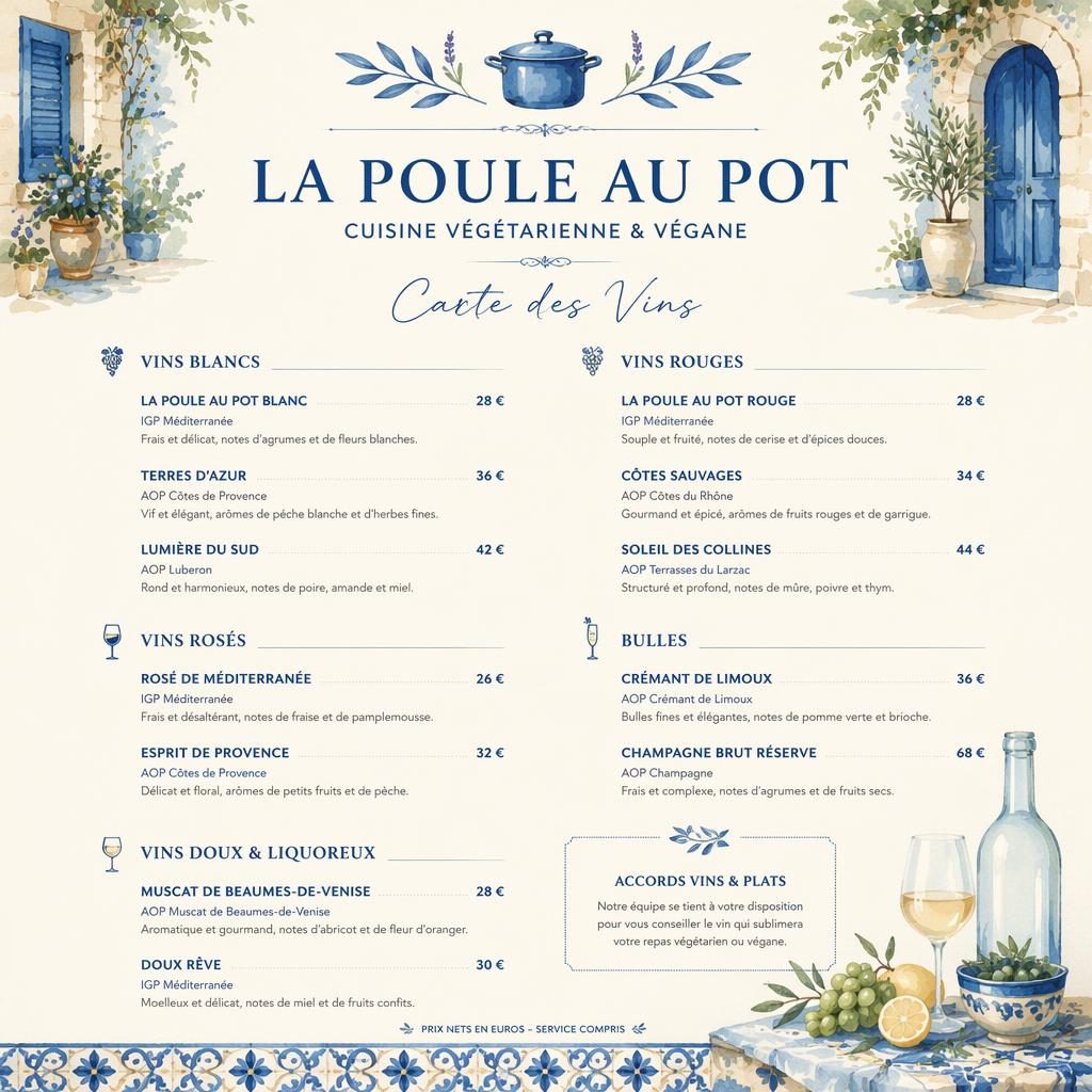 Carte des vins A4 en portrait, style aquarelle bleu méditerranéen et crème, avec en-tête décoratif et colonne de prix.