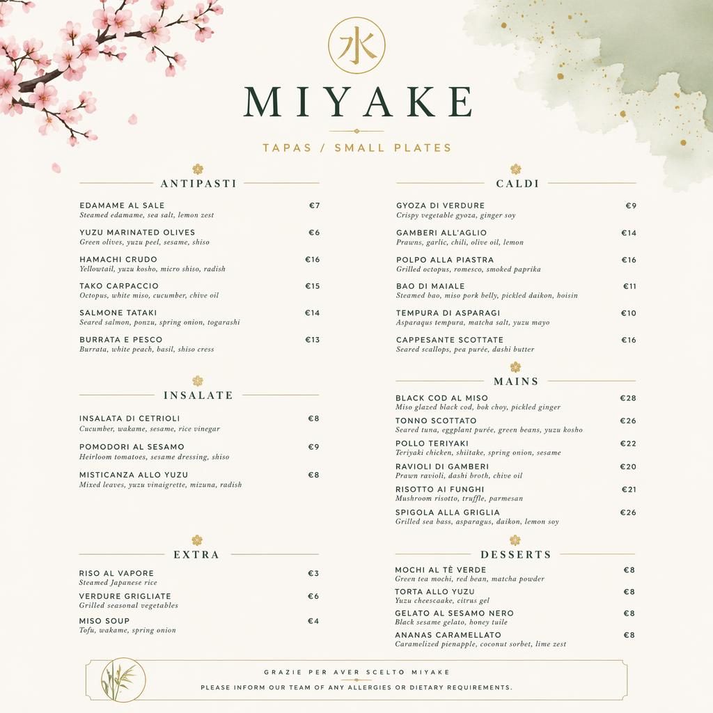 A4 portrait luxury restaurant menu card for miyake menu with decorative header, section headings, dish placeholders, and price column.