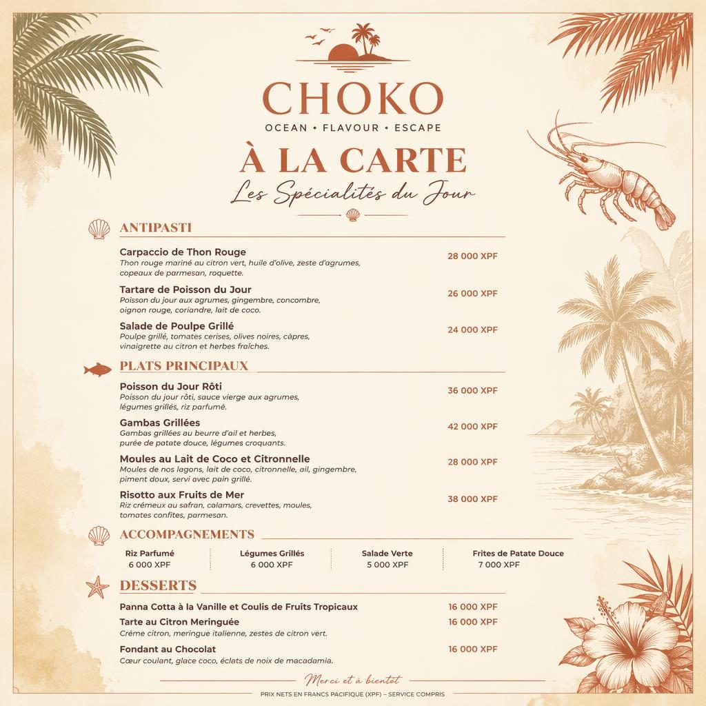 Carte de menu A4 portrait choko ona carte, style resort tropical crème chaude et rouille, en-tête décoratif, rubriques et prix.