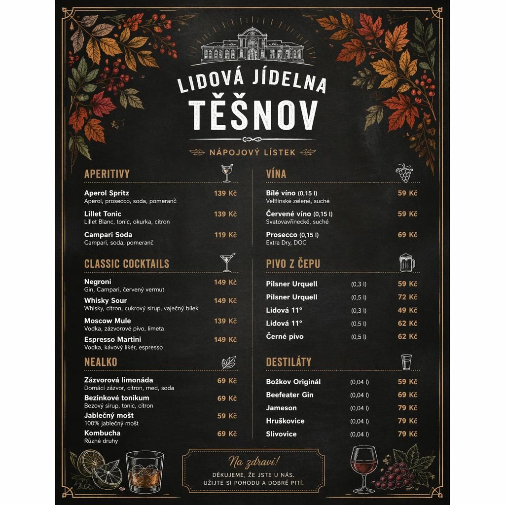 A4 koktejlový menu card ve stylu křídové tabule, podzimní paleta, dekorativní záhlaví, názvy nápojů a ceny.