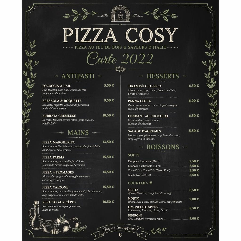 Carte de boissons A4 portrait style ardoise, palette sauge et ivoire, en-tête décoratif, typographie menu et colonne de prix.