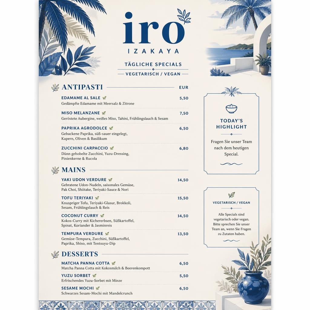 A4-Menükarte für iro izakaya speisekarte in Blau-Creme, tropisch-mediterranes Layout mit Rubriken, Platzhaltertext und Preisen.