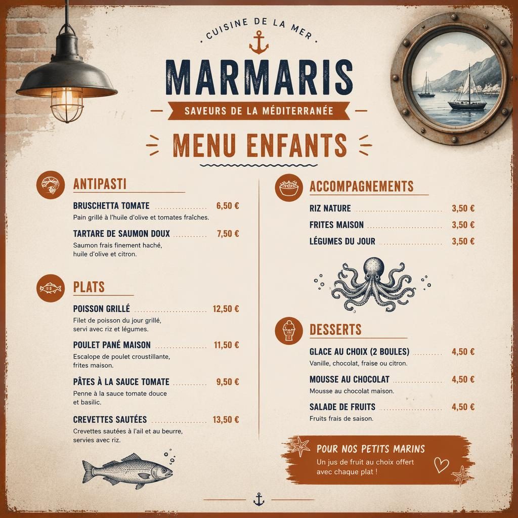 Carte de menu enfant fruits de mer au format A4 portrait, style loft industriel crème chaud et rouille, avec rubriques et prix.