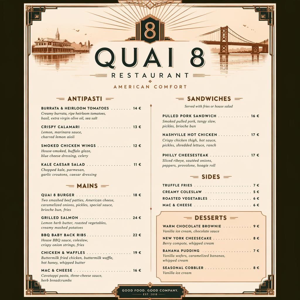 Carte de desserts A4 en portrait pour quai 8 restaurant, style Art déco, palette terre chaude, en-tête décoratif et colonne de prix.