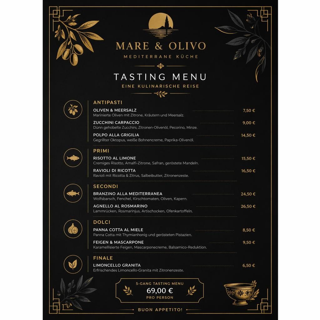 A4-Menükarte im Hochformat in Schwarz und Gold, mit dekorativem Header, Platzhaltertext, Preisleiste und mediterranem Tasting-Menü.