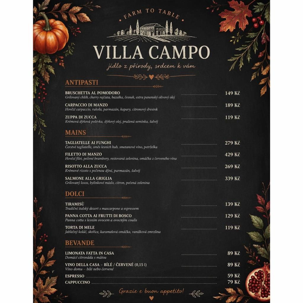 A4 menu karta na výšku ve stylu tabule, koktejlový lístek s dekorativní hlavičkou, sekcemi, popisy a cenami.