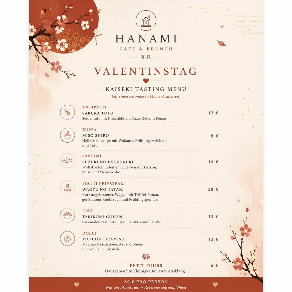 A4-Menükarte für ein Valentinstag Restaurant im japanischen Kaiseki-Stil in Creme und Rost mit Preisspalte