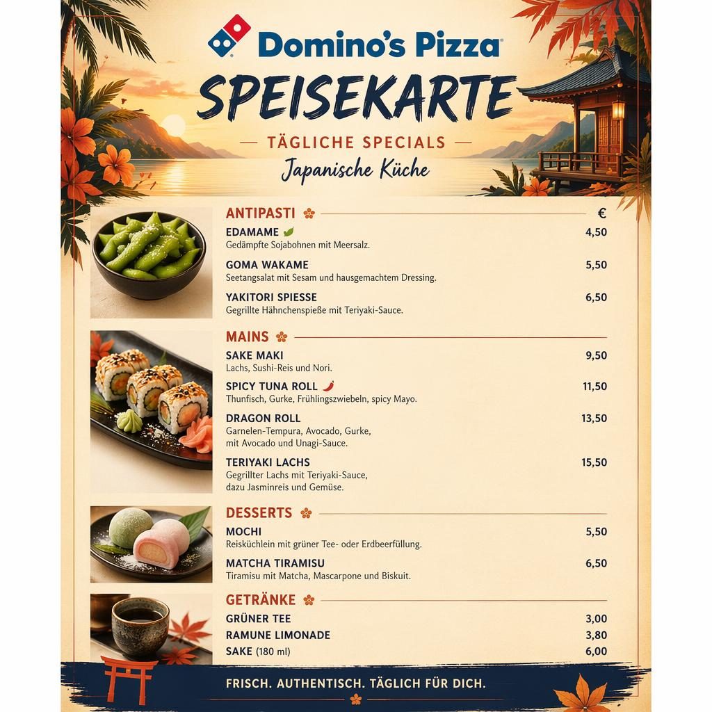 A4-Menükarte im Hochformat für Sushi-Tagesgerichte, tropisches Resort-Design in herbstlicher Farbpalette mit Preisen