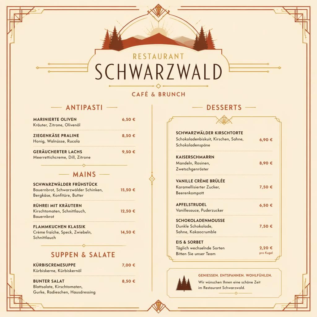 A4-Dessertkarte für restaurant schwarzwald im Art-Déco-Stil, creme-rostfarben, mit Zierkopf, Platzhaltertext und Preisen