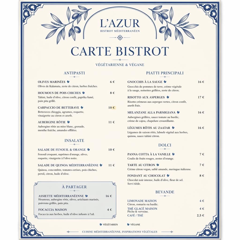 Carte bistrot végétarienne et vegan en format A4 portrait, palette bleu méditerranéen et crème, style fine dining