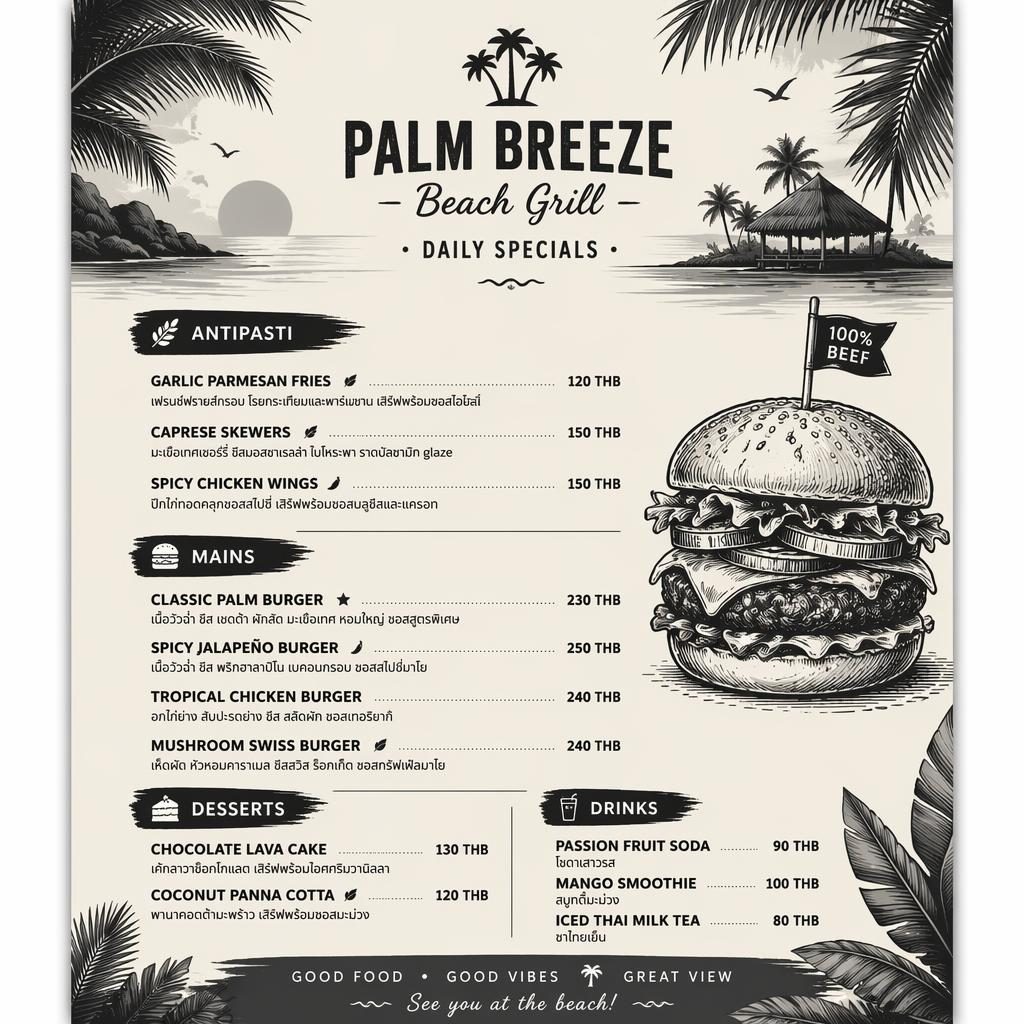 A4 portrait restaurant menu card with tropical monochrome styling, decorative header, section headings, dish names, and price column.