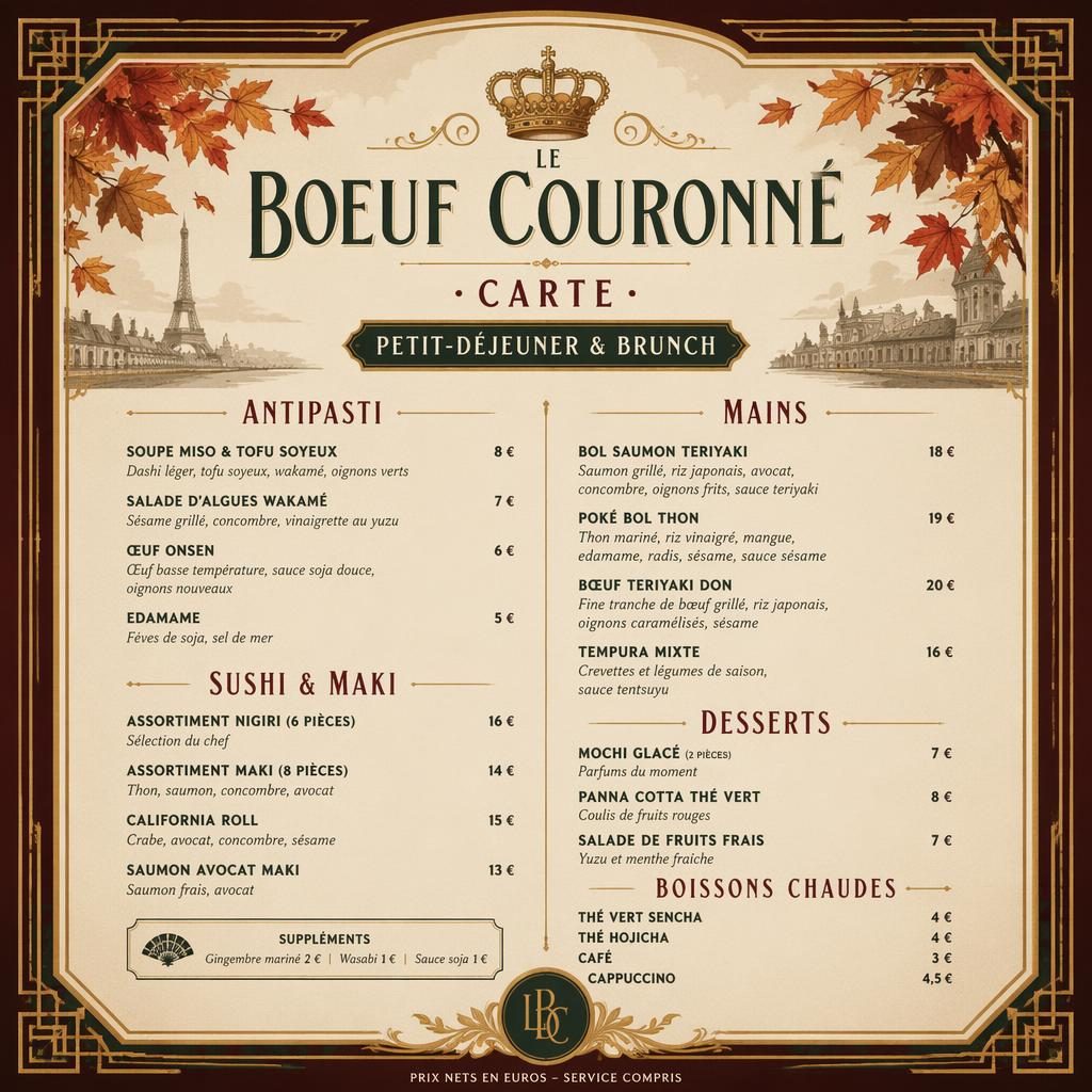 Carte de menu sushi brunch A4 en portrait, style vintage années 1920, palette automnale, en-tête décoratif et colonne de prix.