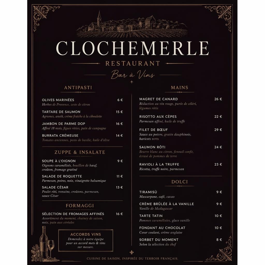 Carte de menu A4 portrait pour clochemerle restaurant, palette sombre, en-tête décoratif, rubriques et colonne de prix.