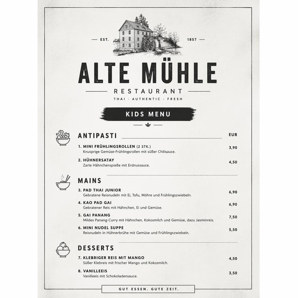 A4-Menükarte für alte mühle restaurant, Thai-Kindermenü in monochromem Industrial-Loft-Design mit Preisen