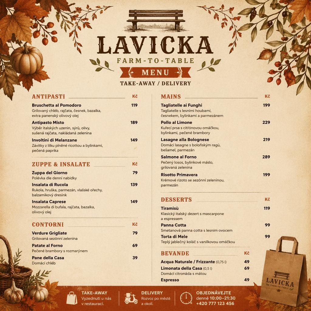 A4 jídelní lístek lavicka menu v rustikálním podzimním stylu s dekorativní hlavičkou, sekcemi, popisy jídel a cenami.
