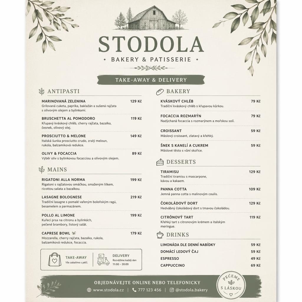 A4 menu karta pro stodola menu v rustikálním stylu, šalvějová a ivory paleta, sekce jídel, ceny a dekorativní záhlaví