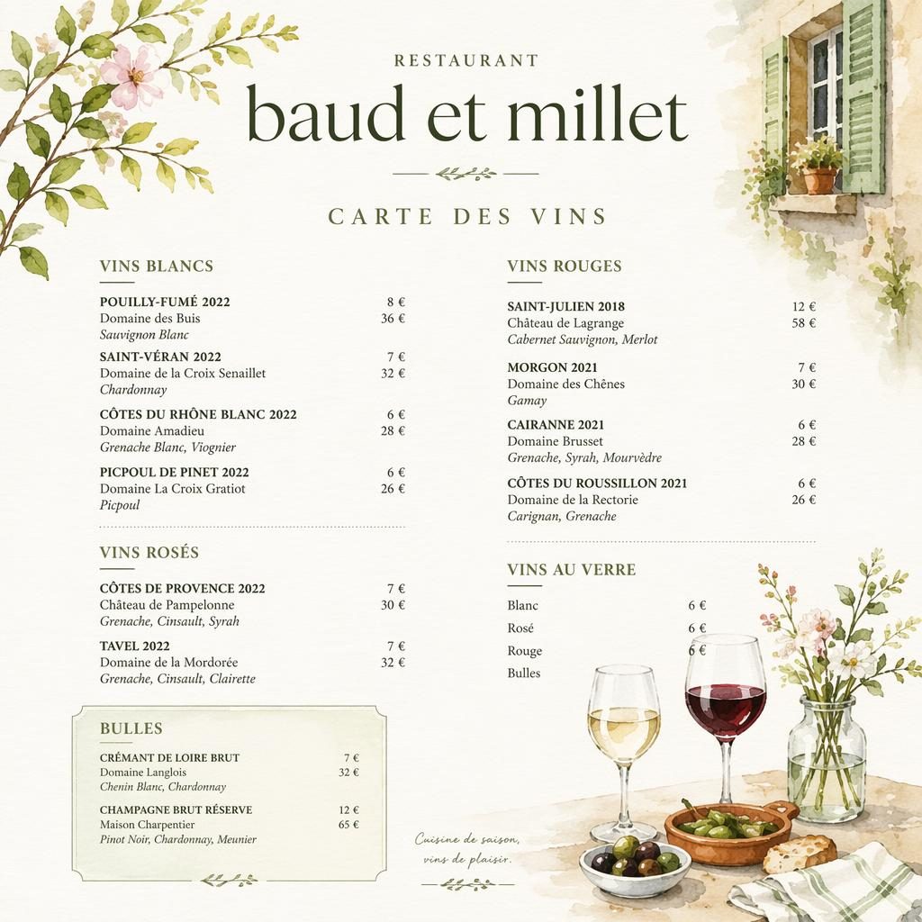 Carte des vins A4 en portrait pour restaurant baud et millet, style aquarelle cosy, palette printanière et prix.