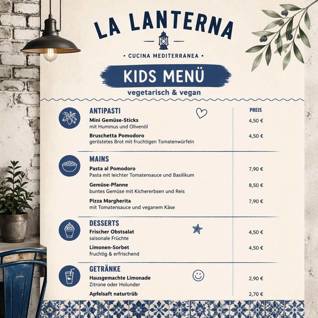 A4-Menükarte für Kinder im Industrial-Loft-Stil in Blau und Creme mit dekorativem Header, Rubriken und Preisen