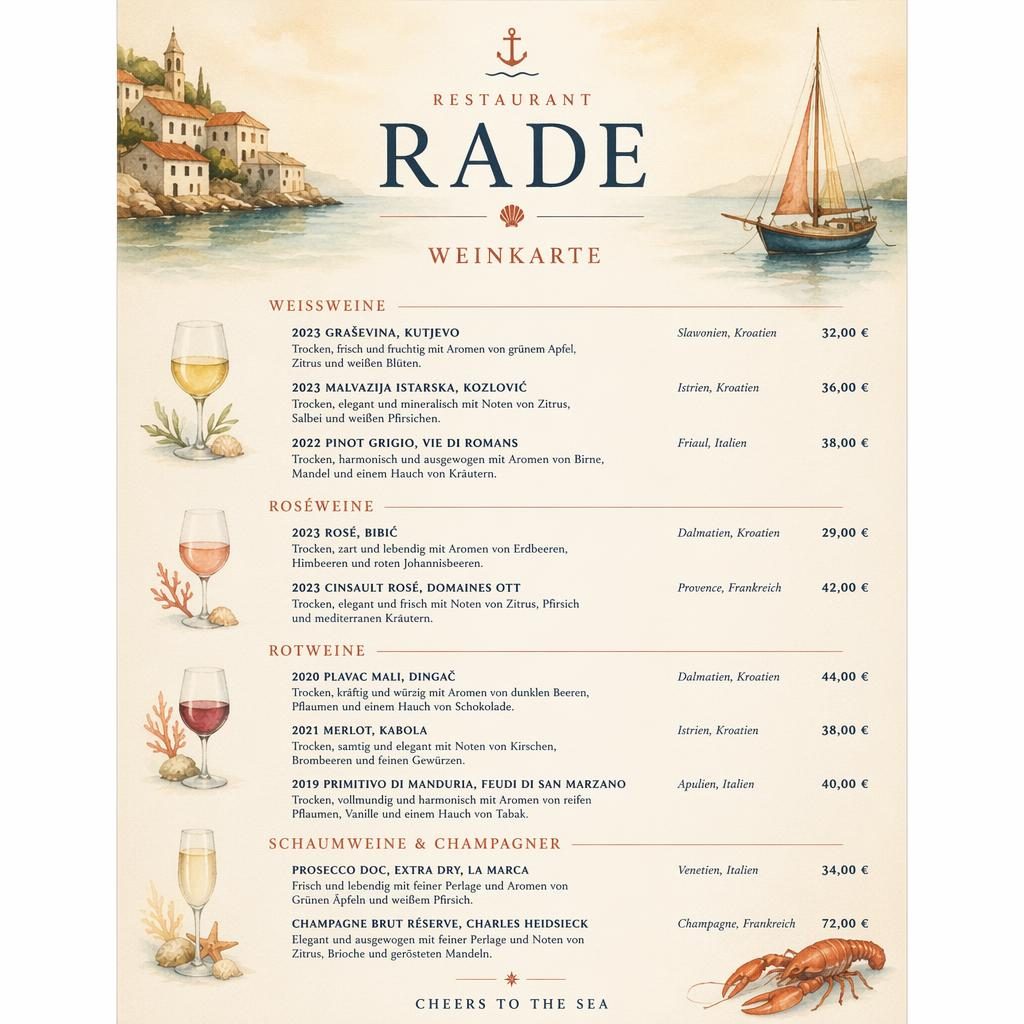 A4-Weinkarte für Restaurant Rade im warmen Aquarellstil, creme-rostfarben, mit dekorativem Kopf, Platzhaltertext und Preisen
