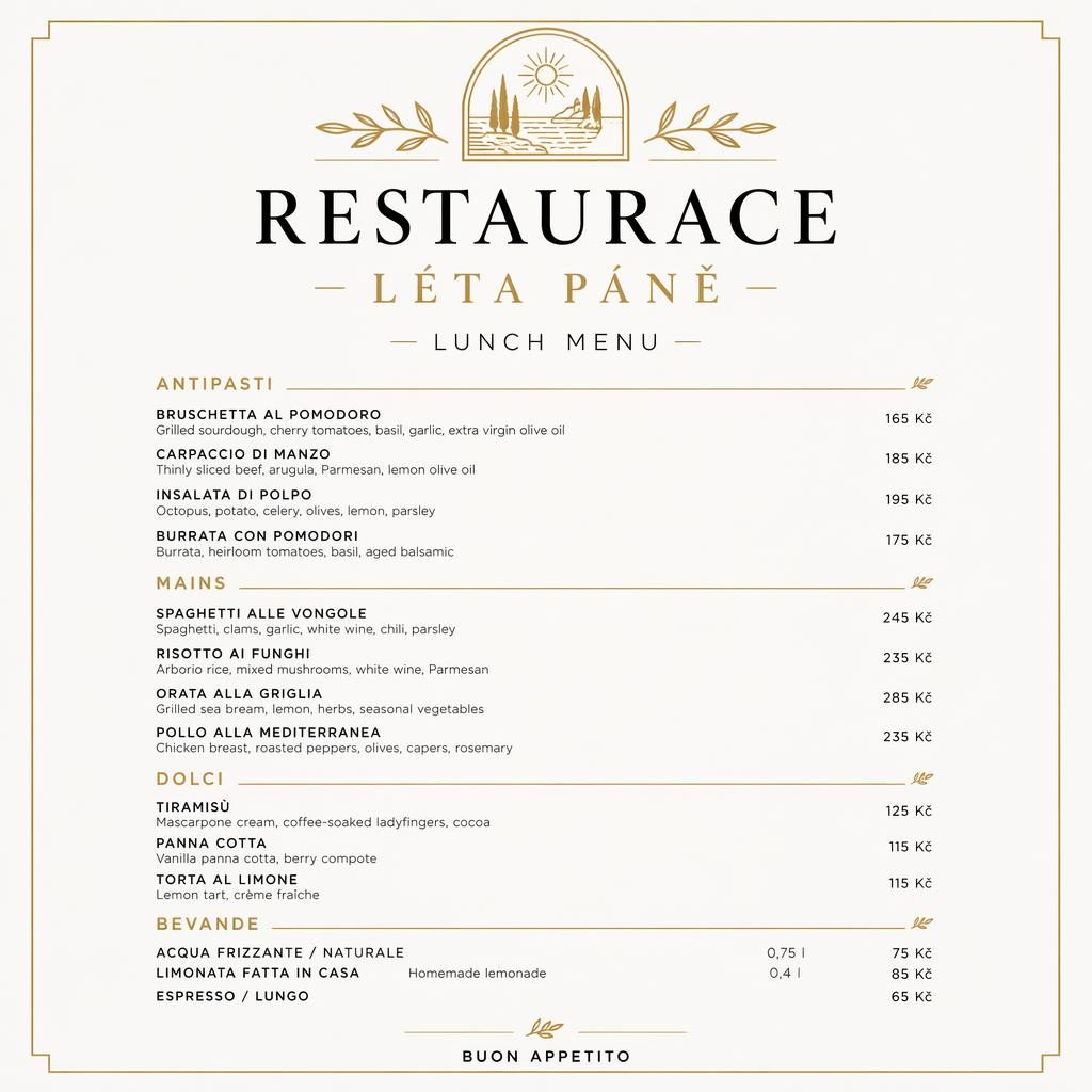 Minimalistický jídelní lístek A4 pro restaurace léta páně v černo-zlaté paletě se sekcemi, cenami a dekorativní hlavičkou.