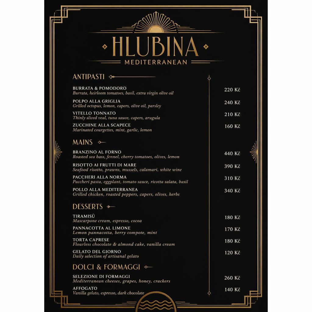 Tisková dezertní karta A4 na výšku v art deco stylu, černo-zlatá paleta, dekorativní hlavička a sloupec cen.
