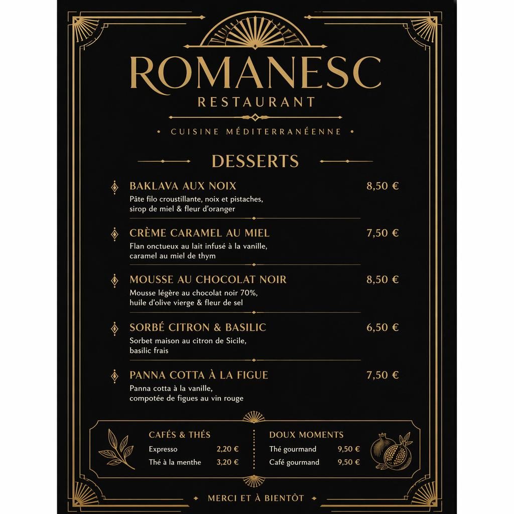 Carte de desserts A4 en style art déco noir et or, avec en-tête décoratif, colonnes de plats et prix, ambiance luxe.