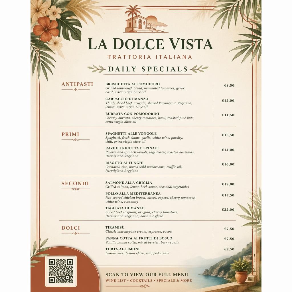 Carte de menu italienne A4 en portrait, style resort tropical aux tons terre chauds, avec en-tête décoratif, rubriques et colonne de prix.