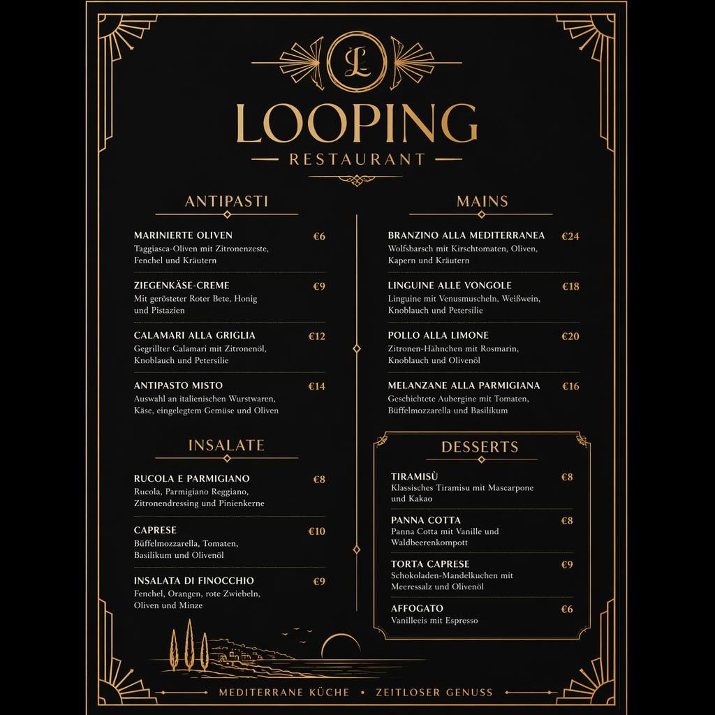 A4-Dessertkarte für looping restaurant im Art-Déco-Stil, Schwarz-Gold, dekorativer Kopfbereich, Platzhaltertexte und Preise.
