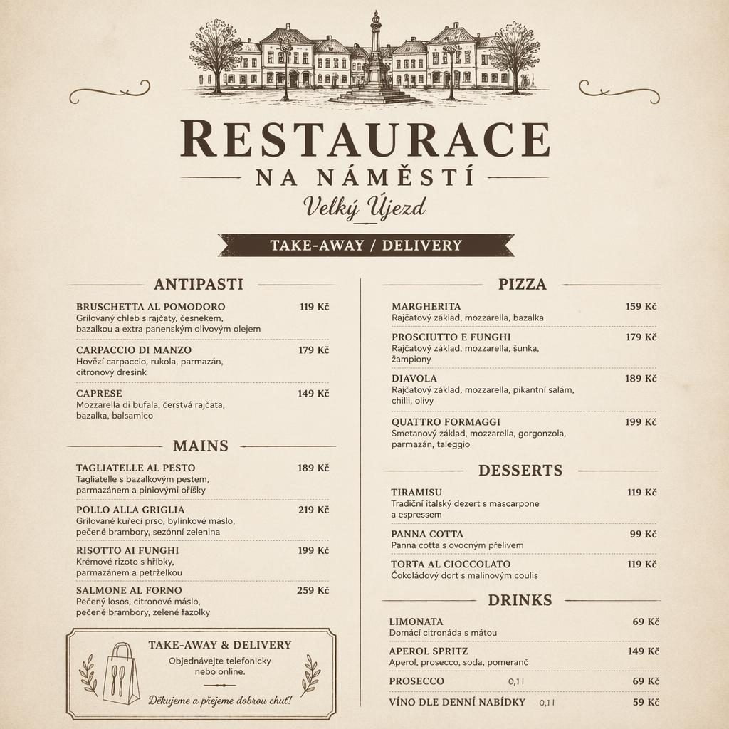 A4 menu karta pro restaurace na náměstí velký újezd v rustikálním teplém monochromu s cenovým sloupcem