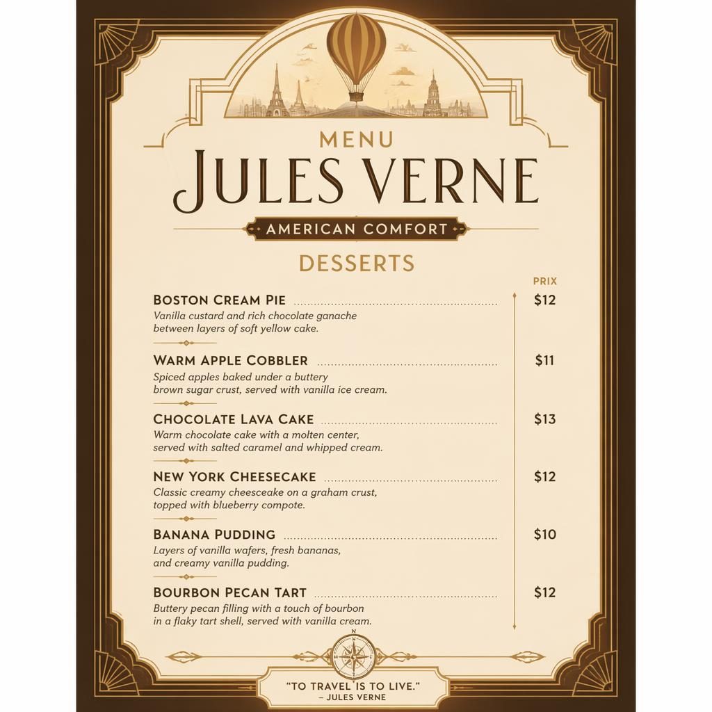 Carte de desserts A4 en portrait, style art déco, palette terre chaude, en-tête décoratif, typographie guide et colonne de prix.