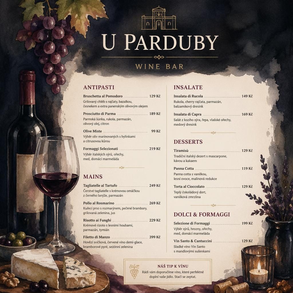 Akvarelový menu lístek A4 pro vinárnu v tmavé náladové paletě s dekorativní hlavičkou, sekcemi a cenami.