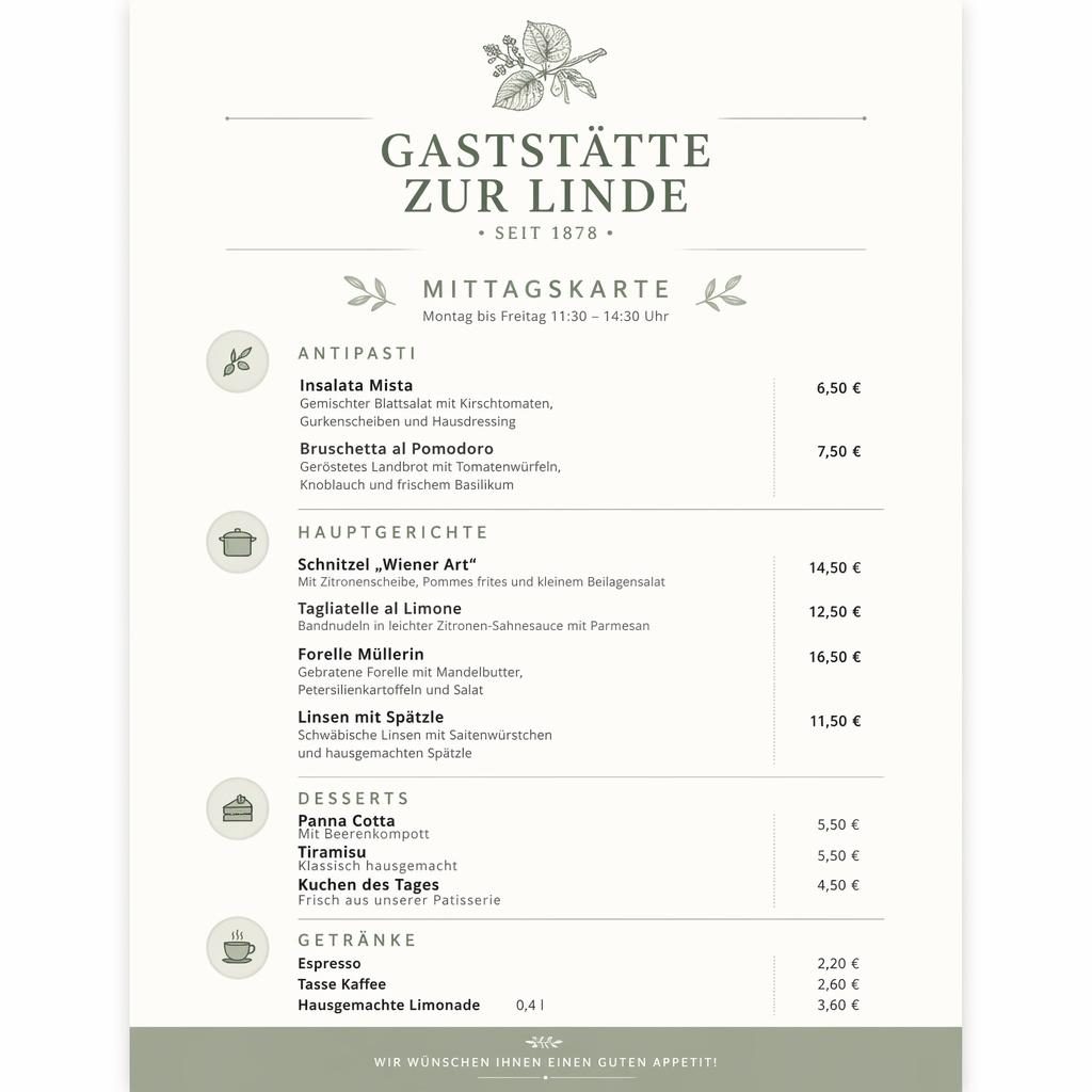 A4-Menükarte für Gaststätte zur Linde im minimalistischen Swiss-Stil in Salbei und Elfenbein mit Preisen