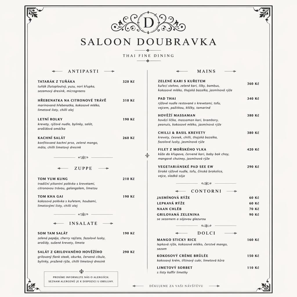A4 jídelní lístek v portrétu pro saloon doubravka menu, luxusní thajský dinner full menu v monochromním stylu.