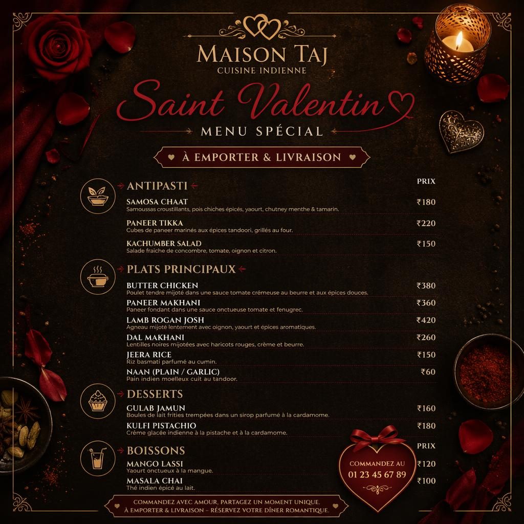 Carte de menu indien Saint-Valentin en format A4 portrait, palette sombre, en-tête décoratif, sections et colonne de prix.